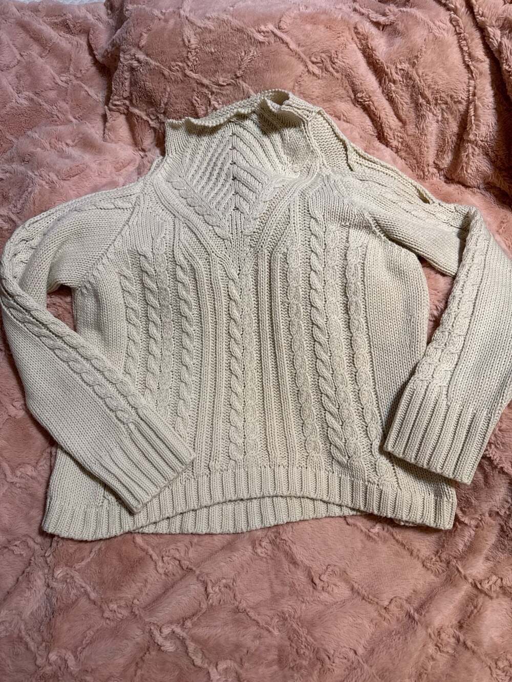 Venus Cream Cable Knit Cold Shoulder Turtleneck Sweater Size L